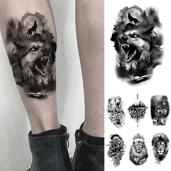 Vodotěsný Dočasné Tetování Nálepka zvíře zvíře, medvěd, vlk, lev kompas Tetování, realistické Tělo Umění Rameno Falešné Tetování, Muži, Ženy