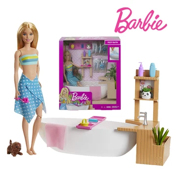 Původní Barbie GJN32 Perličkové Koupele Panenka Nastavit Šumivé Koupele Panenka Playset Blondýna Hračky do Vany Módní dětská Hračka Vánoční Dárek GJN32