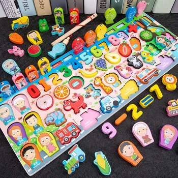 Dřevěné Montessori Hračky Ovoce Digitální Zvíře Provoz Obrázek Předškolní Děti je Rybolov Puzzle, Dítě Brzy Vzdělávací Matematický Hračky
