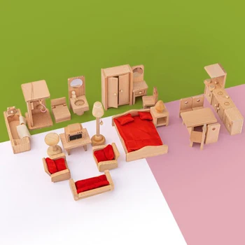 Dítě Dřevěné Panenky Dům Nábytku Miniaturní Pokoje Ložnice/Kuchyň/Koupelna/Jídelna/Obývací Pokoj