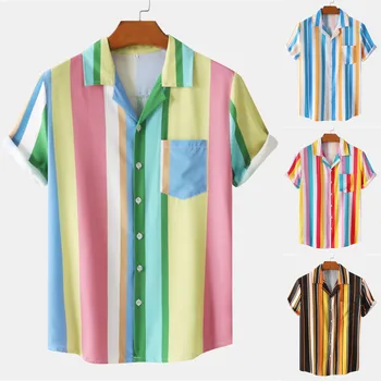 Pánská Košile Mužské Letní Plážové Pruhované Tisk Kubánské Límec Košile Krátký Rukáv Tlačítko Košile Halenka Camisas De Hombre