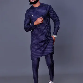 Africké Muži Košili s Dlouhým Rukávem dvoudílný Set Tradiční Africe Oblečení Etnické Pruhovaný pánský Oblek Top, Kalhoty, Obleky Značky New