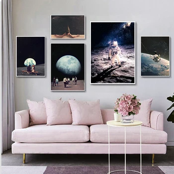 Cosmic Sky Art Otisky Na Zemi Pár Plátno, Plakáty Surrealismu Galaxy Space Moon Plátno Obraz Kosmické Obrazy Na Stěnu Sci-Fi Dekor