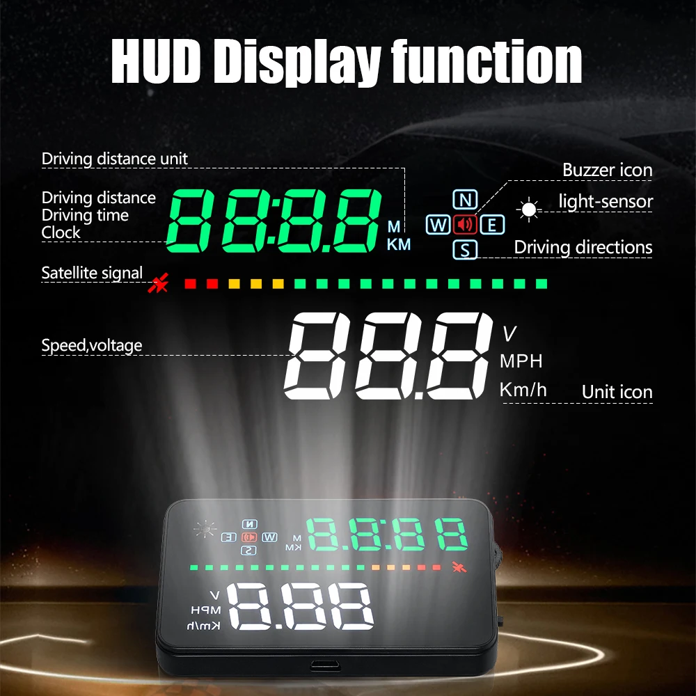 A3 GPS HUD Auto Rychlost Vozidla Zobrazení Napětí Multifunkční Metr Projektor Head-Up Display Auta Vhodný pro Všechny Automobily