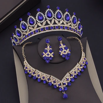 Barokní Modrá Crystal Svatební Šperky Sady pro Ženy Čelenky Koruna, Náušnice, Náhrdelník Sady Nevěsta Svatební Šaty Dubaj Šperky Set