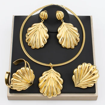 YM Módní Náhrdelník Náušnice Dubaj Shell Tvarované Šperky Sady Pro Ženy, Dubaj Pozlacené 18K Zlaté Barvě Mědi Náramek Kroužky Sada Gif