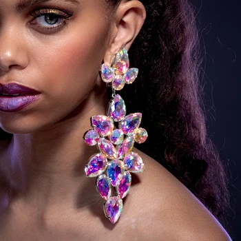 Přehnané Drahokamu Nadrozměrné Květina náhrdelník Náušnice Šperky pro Ženy Luxusní Crystal Geometrické Velké Houpat Náušnice