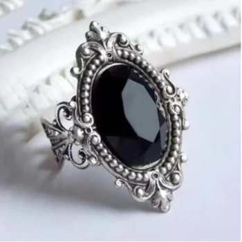 Nádherné Stříbrné Barvy Black Onyx Věčnost Prsteny pro Ženy, Muže Vintage Oválné Sklo Naplněné Prsten, Dárek k Výročí, Svatební Šperky
