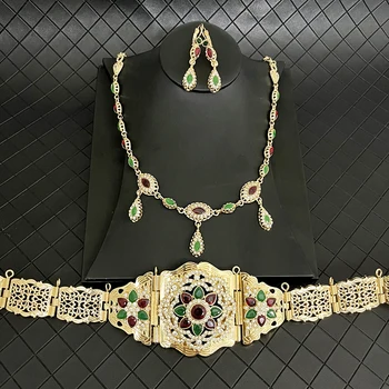 Herseygold Elegantní Marocké Kaftan Svatební Šperky Set Svatební Drahokamu Flower Pasu Řetězy Zlaté Barvy Etnické Svatební Kolekce