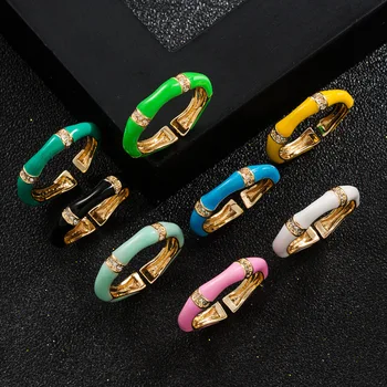 Pozlacené 18K Zlatá Barva Bambusový Smalt Prsten pro Ženy Letní Kape Olej Smalt Otevřené Strany Prstenu CZ Crystal Šperky Velkoobchod
