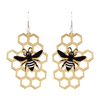 Nové Legrační Roztomilý včelí Plástve Včelí Akryl Drop Náušnice pro Ženy Gold Barva Zrcadlo Dutý Out Houpat Náušnice Šperky Brincos Dárky