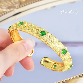 Foydjew italské Vintage Šperky Luxusní Umělé Emerald Náramky Dámské Banket Strany Zlatý Pokovené Nastavitelný Náramek Náramek