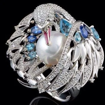 Nádherné Lesklé Krásná Bílá Labuť Kolo Pearl Crystal Svatební Zásnubní prsten pro Ženy, Dívka, Strana Ženské Šperky