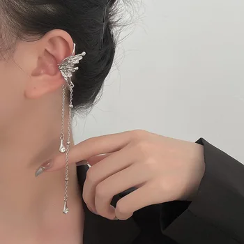 Korejský Elegantní Motýl Dlouhý Střapec Ušní Klip Náušnice pro Ženy, Dívky Módní Stříbrné Barvy Non Piercing Ucho Manžety Šperky Dárky