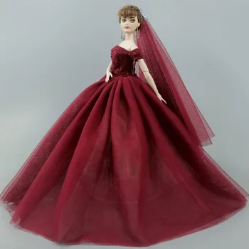 Tmavě Červené Módní Panenka Šaty Svatební Šaty pro Panenku Barbie Oblečení, Večerní Party Šaty, Dlouhé Šaty, Oblečení 1:6 Hračky Pro Děti