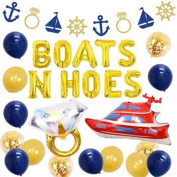 Funmemoir Boats N Hoes Bachelorette Party Dekorace Gold Námořní Téma Balóny Banner Set Svatební Sprcha Party Decor Dodávky