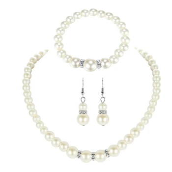 Elegantní Bílé Umělé Perlový Náhrdelník Náušnice a Náramek Pearl Korálkový Řetěz Náušnice Bižuterie Sada pro Ženy