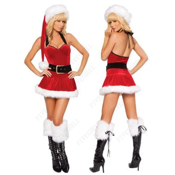 2023 Ženy, Vánoční Party Šaty Ohlávka Zpět Mesh Šaty Červené Sametové Kombinézu s Klobouk Santa Cosplay Sexy Kostým Xmas Set