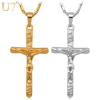 U7 Ježíš Kříž Bohyně Náhrdelník & Přívěsek Ženy, Vánoční Dárky Velkoobchod Módní Stříbrné Barvy Katolický Křesťan Šperky P366