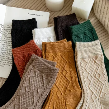 Zimní Kašmírová Vlna Ženy Ponožky Solidní Japonský Styl Harajuku Retro Dlouhé Ponožky Dámské Dívky Tepelné Vintage Streetwear Ponožky Crew