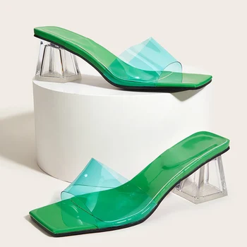 Letní Zelené PVC Transparentní Dámské Pantofle Muly Snímky Dámy Gladiator Sandály Náměstí Toe Jasné Podpatky Boty Žabky