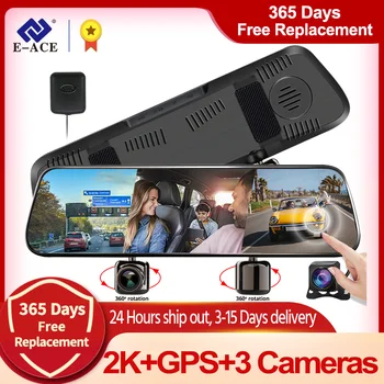 E-ACE 9.66 Palcový Auto Dvr Dash Cam Video Rekordér 3 v 1 3 Kamery 1080P Stream Media Zpětné Zrcátko Zadní Fotoaparát, Podpora GPS
