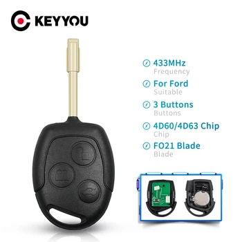 KEYYOU 3 Tlačítka Náhradní Dálkový Auto Klíče Fob Transpondér Čip 4 D 60 433Mhz Pro Ford Mondeo Focus Transit Automatické Kontroly Klíč