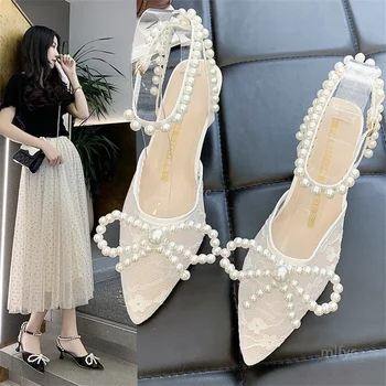 2021 jaře nový pearl luk uzel jedno slovo spony krajky transparentní jehlové mid-pata jediné boty s vysokými podpatky sandály, dámské boty