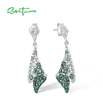 SANTUZZA Čisté 925 Sterling Stříbrné Visící Náušnice Pro Ženy Šumivých Zelený Spinel, Bílé CZ Módní luxusní Elegantní Šperky