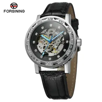 FORSINING Módní trend dámské mechanické náramkové hodinky černý kožený pásek stříbrný případě modrý ukazatel diamond Automatické hodinky