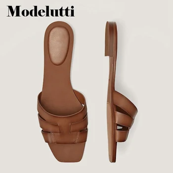 Modelutti 2022 Nové Letní Módní Originální Kožené Ploché Pata Plést Pantofle Ženy Nosit Jednoduché Sandály Boty Žena Beach