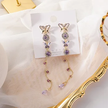 Korejský Lesklé Crystal Drahokamu Fialové Butterfly Náušnice Zlaté Barvy Kovu Hmyzu Dlouho Střapec Náušnice pro Ženy, Dámy Šperky