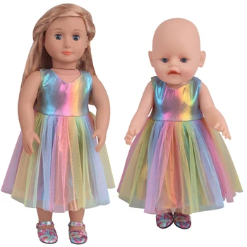 Nové Světlé Laserové Duha Šaty Vhodné 43 cm Baby New Born,Nenuco 42 cm,Americké Dívky 18inch Doll Oblečení, Doplňky