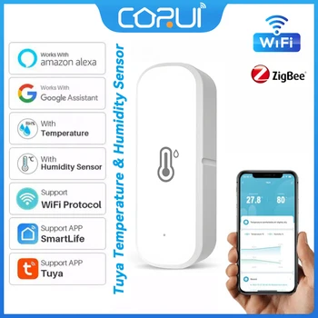 CoRui Tuya Wifi/Zigbee Teplotní & Vlhkostní Senzor S Bzučák Alarm Inteligentní Funkce Vazba Práce S Alexa Google Domov