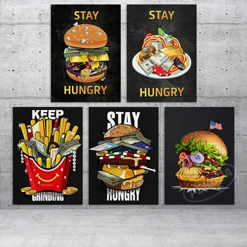 Wall Art Modulární Hamburger Plátno Obrázky Zůstaň Hladový Domova Peníze Malování Tisků Luxusní Plakát Obývací Pokoj Cuadros Rám