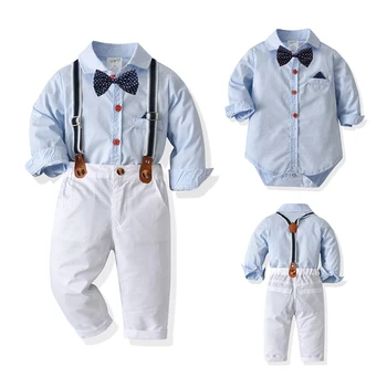 Nové Dětské Obleky Baby Boy Oblečení Romper+ Podvazky Kalhoty 2ks Formální Oblečení Šaty Svatební Party motýlek Děti Narozeniny Šaty