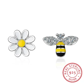 Krásné Asymetrické Včelí Slunce Květina Zirkon Náušnice Pro Ženy, Dívka, 925 Sterling Silver Roztomilé Náušnice boucle d ' oreille/hjklfa