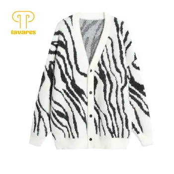 TAVARES Svetr Svetry Podzim Zima Šaty Ženy Nadrozměrné Sako Zebra Pruhy Pletený Svetr Gotické Japonské Streetwear