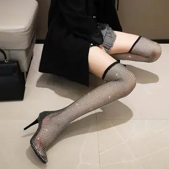 Nový Design Crystal Drahokamu Ok elastické Ponožky Boty Módní PVC Transparentní Špičaté Toe Boty Sexy Vysoké Podpatky