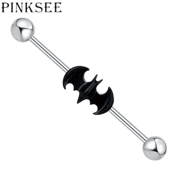 Pinksee Jednoduchý Retro Chirurgické Nerezové Oceli 1.6*38*6mm Míč 14G Dlouhou Průmyslové Činka Černá Bat Ucha Piercing Šperky Tělo