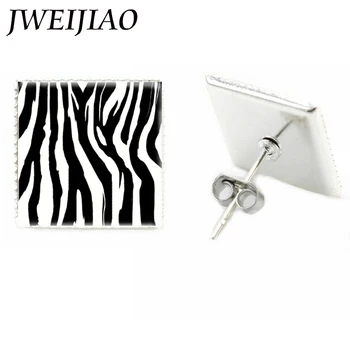 JWEIJIAO Módní Černá a bílá zebra pruhy Ucho Knoflíky Náušnice Čtvercové Sklo Cabochon Animal Photo DIY Šperky J465