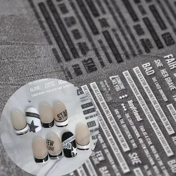 Slovo anglické Dopisy Nehty Samolepky Černá Bílá 3D Art Dekorace Ozdoba Posuvníky Proužky Obtisky Design Manikúra Příslušenství