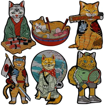 Samuraj, Tetování Sushi Cat Nožem Nudle Tenis Japonské Řemeslo Výšivka Patch Žehlička na Oblečení, Batoh, Odznak, Nálepka Kepr
