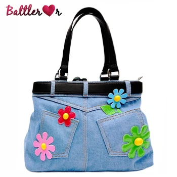 Módní Barevné Květinové Džínové Tašky přes Rameno pro Ženy Vintage Modré Peněženky a Kabelky Dívky Neformální Totes Messenger Bag Designer