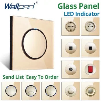 Wallpad Zeď 1 2 3 4 Gang 2 Způsob, Vypínač S LED Indikátorem EU Zásuvky Elektrické Zásuvky Gold Glass Panel, AC220V